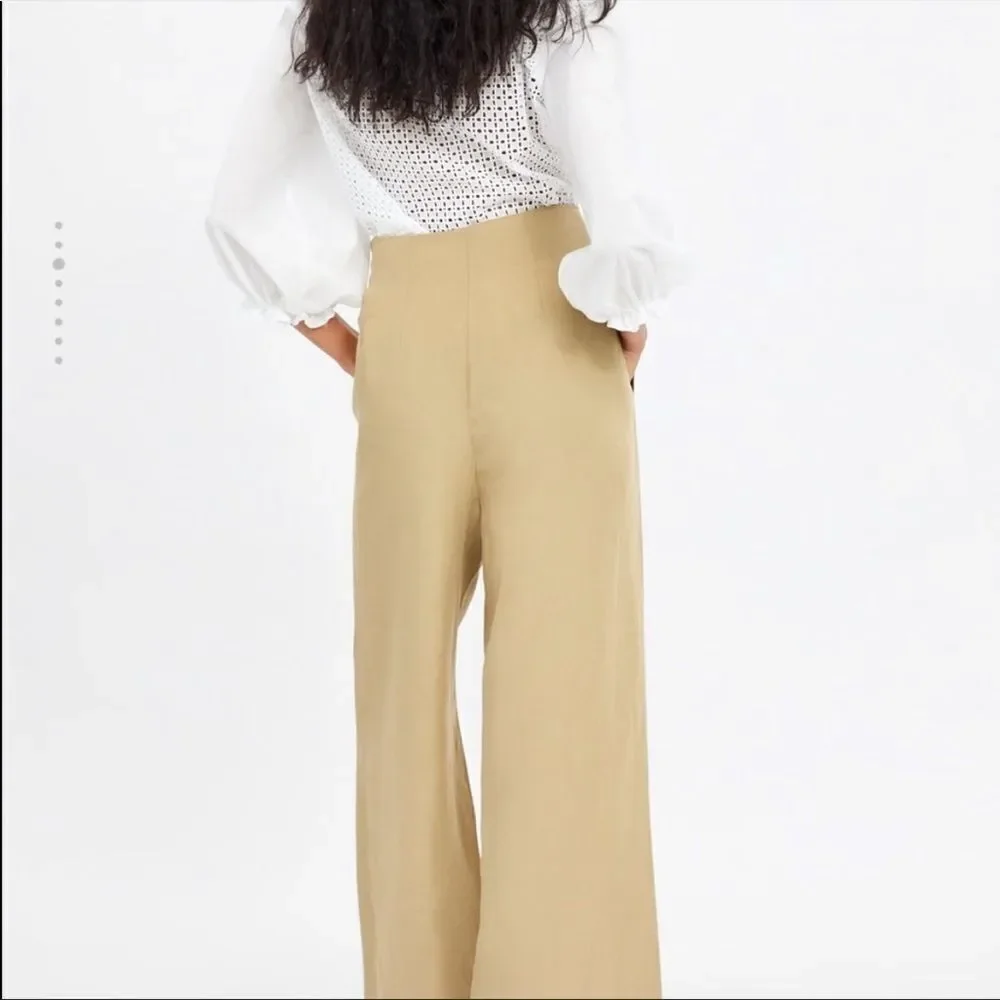 ZARA High Waisted Linen Wide Leg Pants Camel Tan M